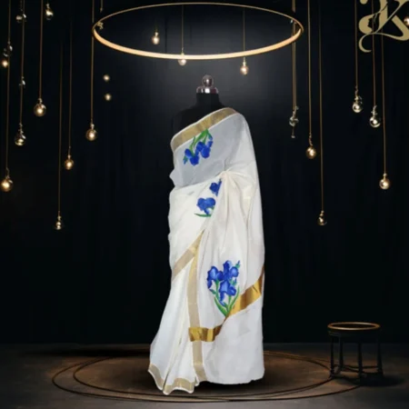 Blue Flower Handpainted Kerala Saree