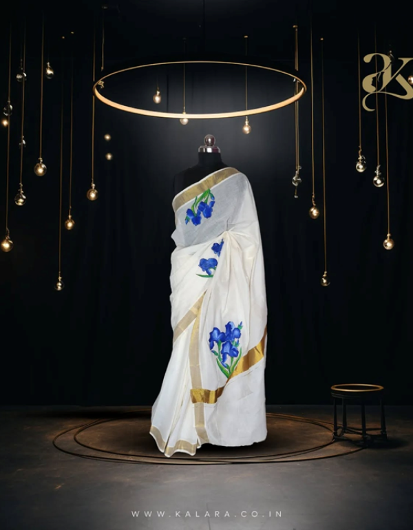 Blue Flower Handpainted Kerala Saree