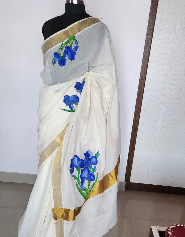 Blue Flower Handpainted Kerala Saree