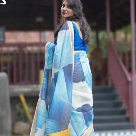 Blue Shapes Full-Body Digital Printed Kerala Saree