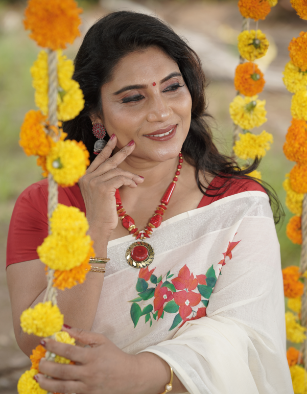 Bougainvillea Handpainted Kerala Saree – Silver Border