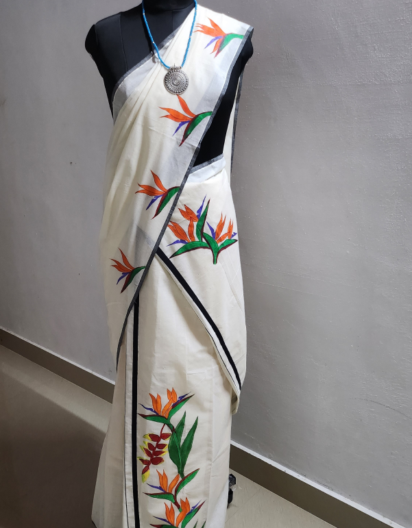 Exotic Flowers Handpainted Set Mundu – Cotton Elegance