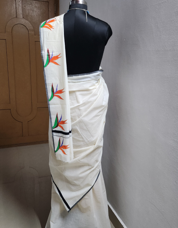 Exotic Flowers Handpainted Set Mundu – Cotton Elegance