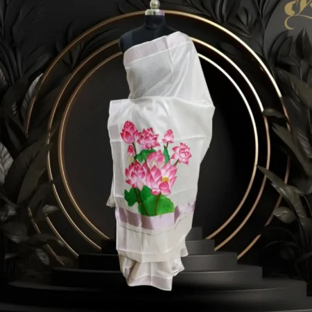 Hand-Painted Lotus Pallu Kerala Saree – Tissue Rose Gold
