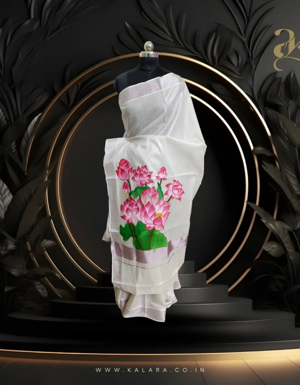 Hand-Painted Lotus Pallu Kerala Saree – Tissue Rose Gold