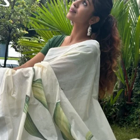 Leaf Digital Printed Kerala Saree – Silver Cotton