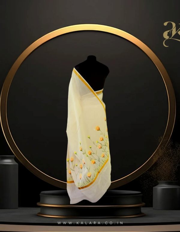 Marigold Handpainted Kerala Saree – Gold Cotton - Image 2