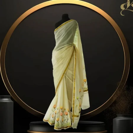 Marigold Handpainted Kerala Saree – Gold Cotton