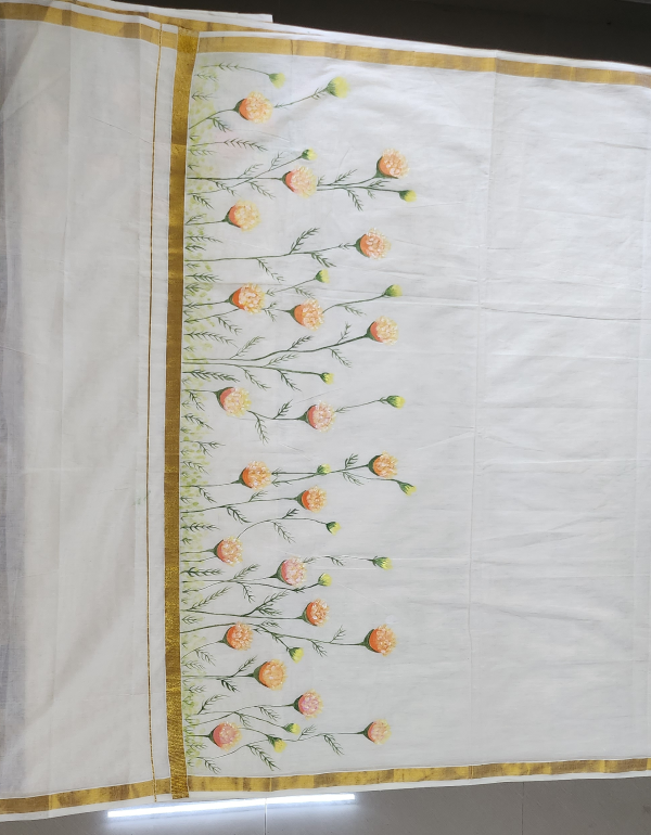 Marigold Handpainted Kerala Saree – Gold Cotton - Image 3