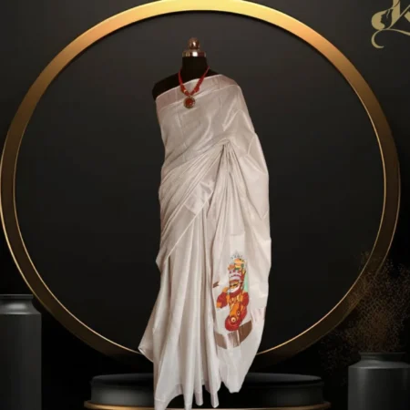 Muthappan Handpainted Kerala Saree – Onion Gold Tissue Cotton