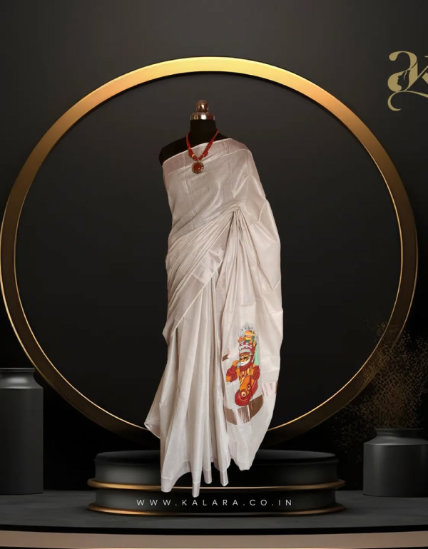 Muthappan Handpainted Kerala Saree – Onion Gold Tissue Cotton