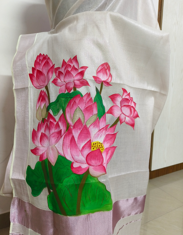 Hand painted Lotus Kerala Saree
