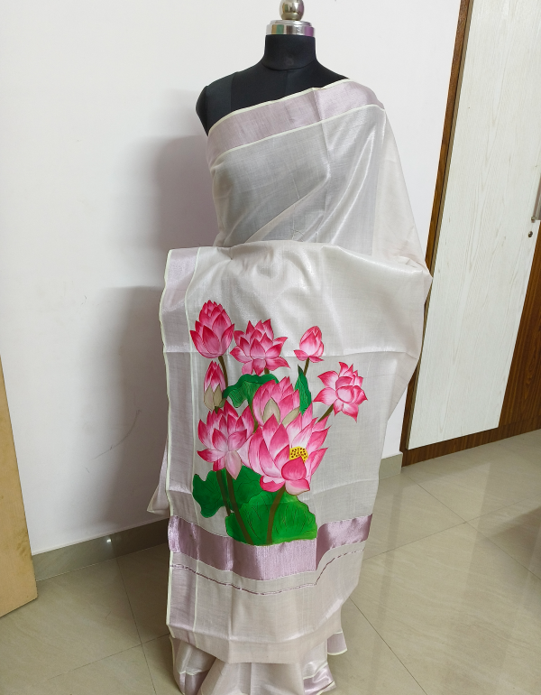 Hand painted Lotus Kerala Saree