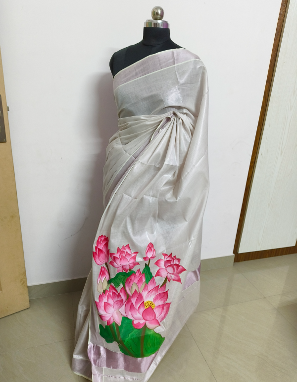 Hand painted Lotus Kerala Saree