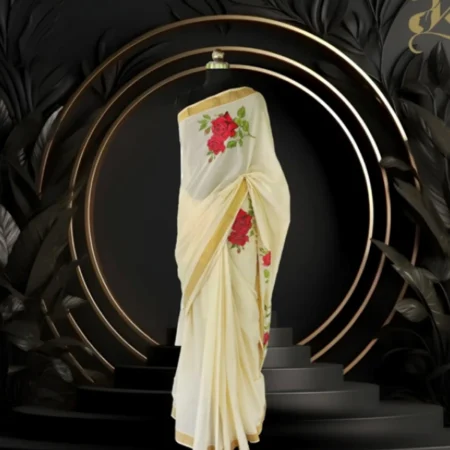 Rose hand painted Kerala Saree