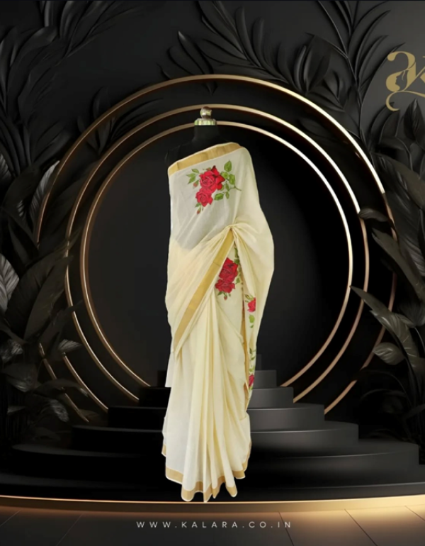 Rose hand painted Kerala Saree