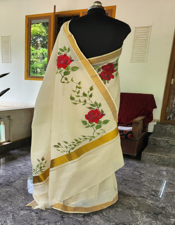 Rose hand painted Kerala Saree