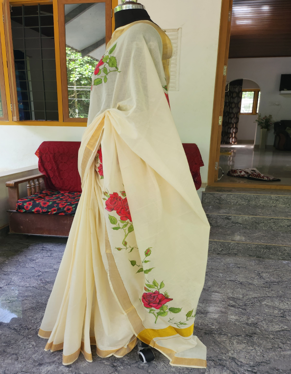 Rose hand painted Kerala Saree