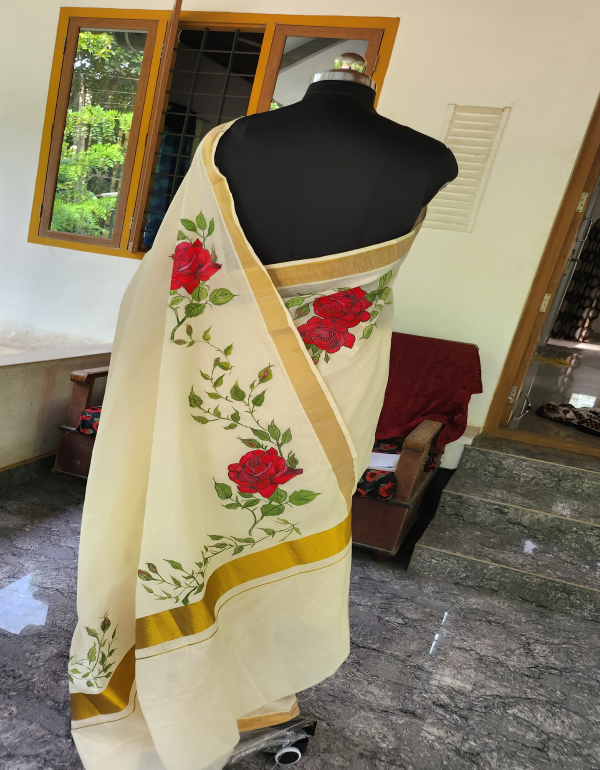 Rose hand painted Kerala Saree