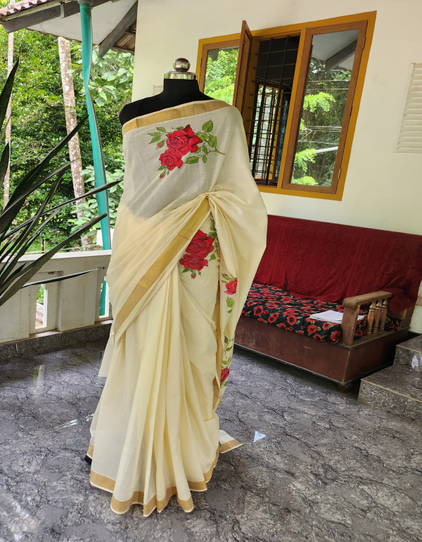 Rose hand painted Kerala Saree