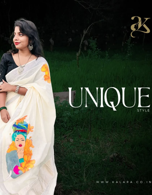 Lady with Elephant Handpainted Kerala Saree