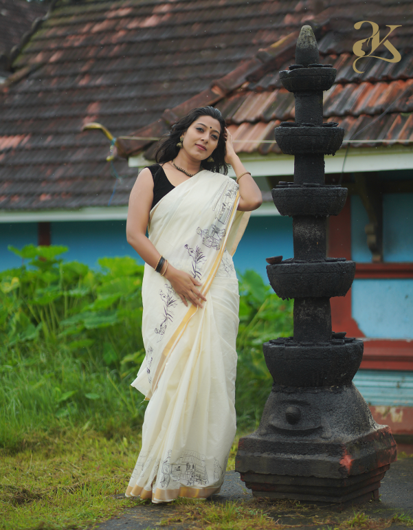 Memories Block Printed Kerala Saree - Image 4