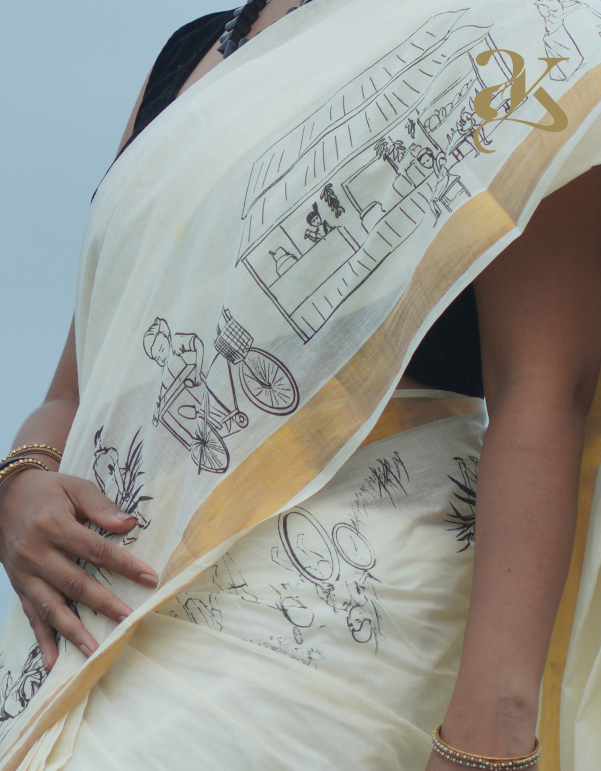 Memories Block Printed Kerala Saree - Image 5