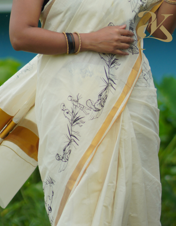 Memories Block Printed Kerala Saree - Image 6