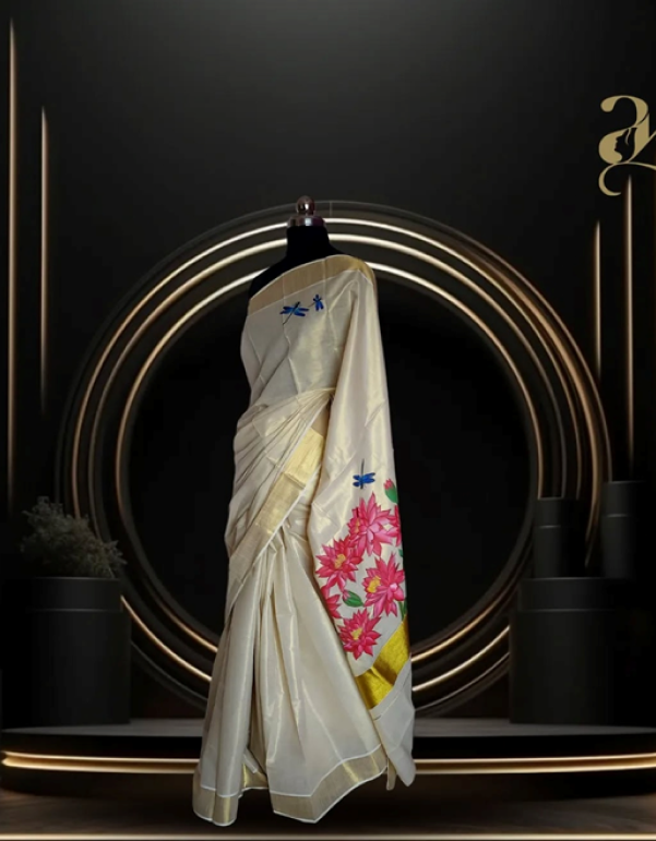 Water Lily Handpainted Kerala Saree